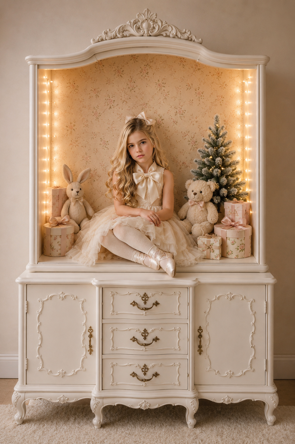 Retrato infantil de Navidad en una alcoba rococó iluminada