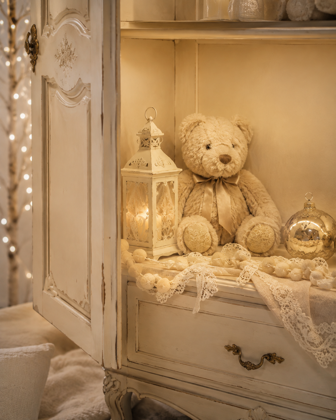 Un osito, un farol iluminado y adornos navideños dentro de un armario antiguo