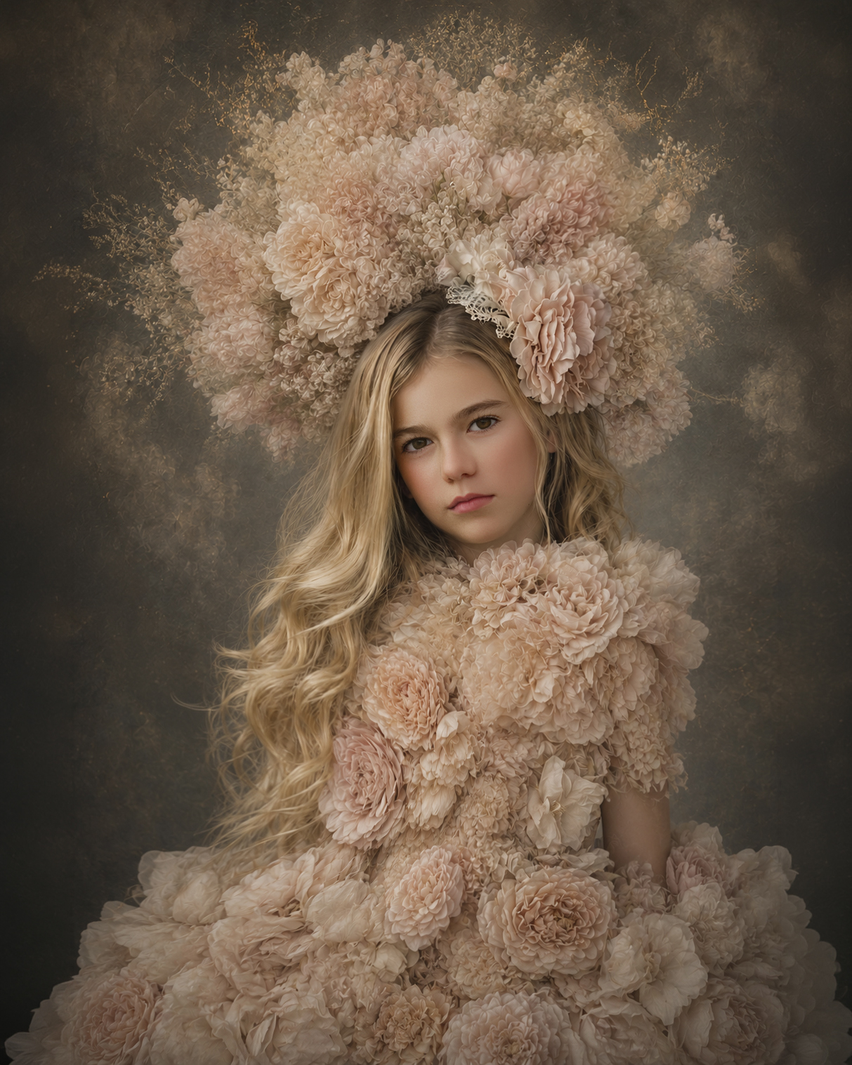 Retrato artístico infantil con vestido y tocado de flores en rosa empolvado
