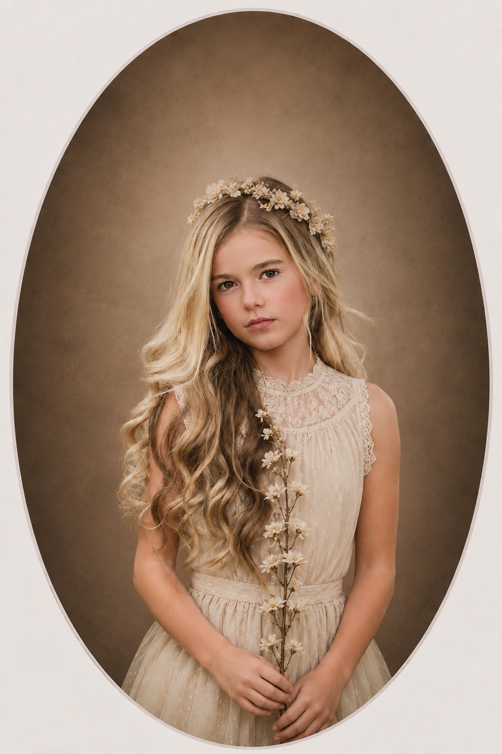 Retrato artístico infantil en marco ovalado con vestido y flores en tonos crema